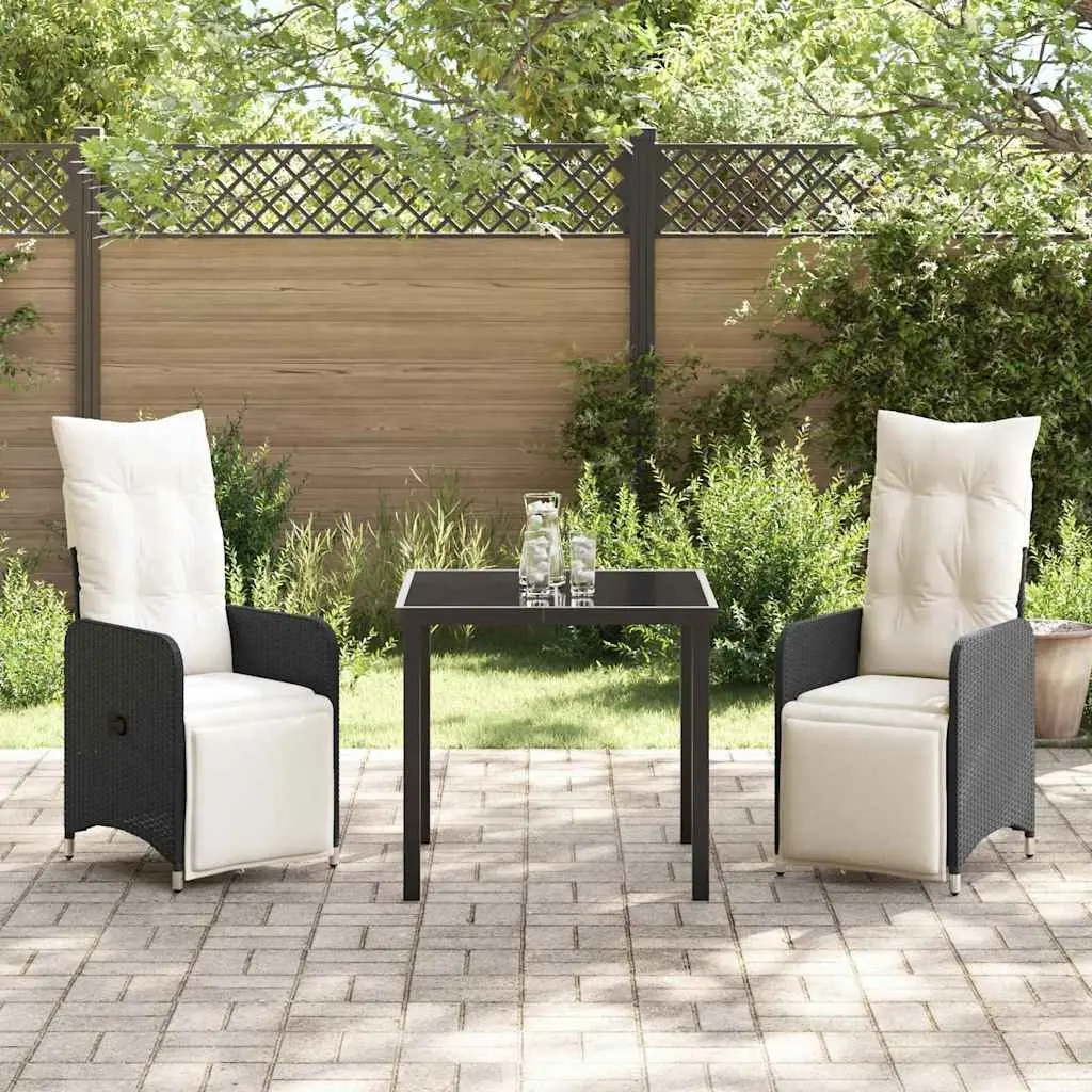 Garden Dining Set Poly Rattan Cushioned Chairs Black 3 Piece
