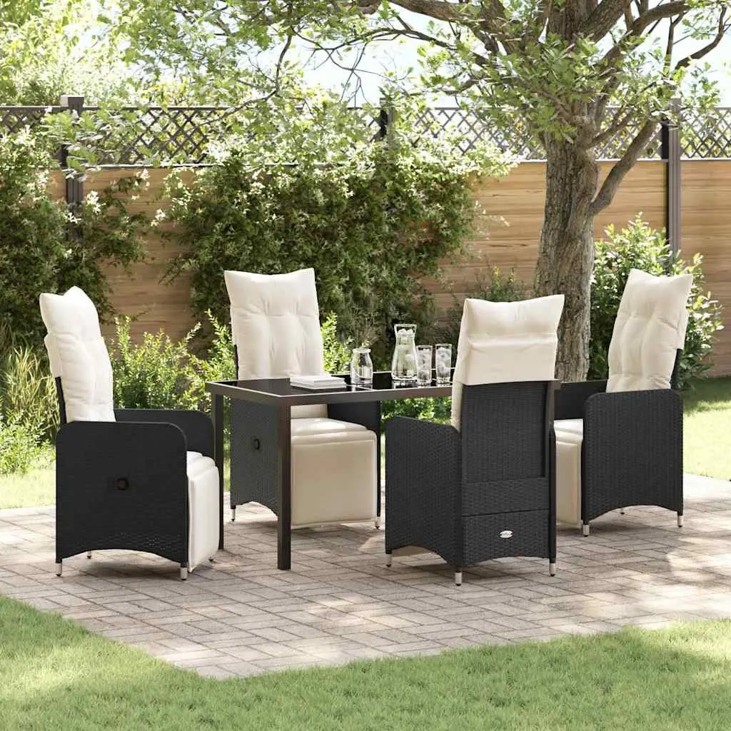 Outdoor Garden Dining Set Rattan 5 Piece Black Tempered Glass Table Chairs
