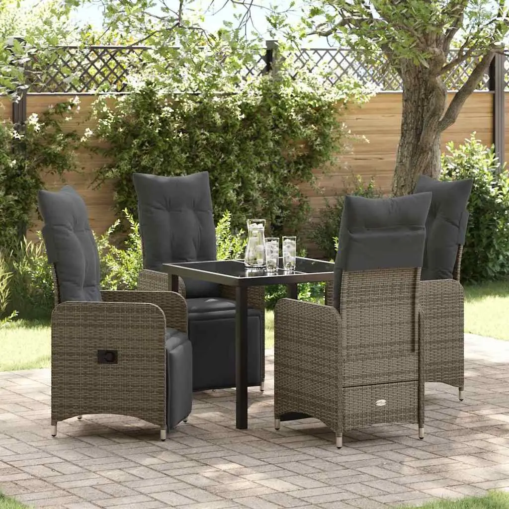 Garden Dining Set 5 Piece Powder-Coated Steel Tempered Glass Grey Poly Rattan Patio Table Chairs