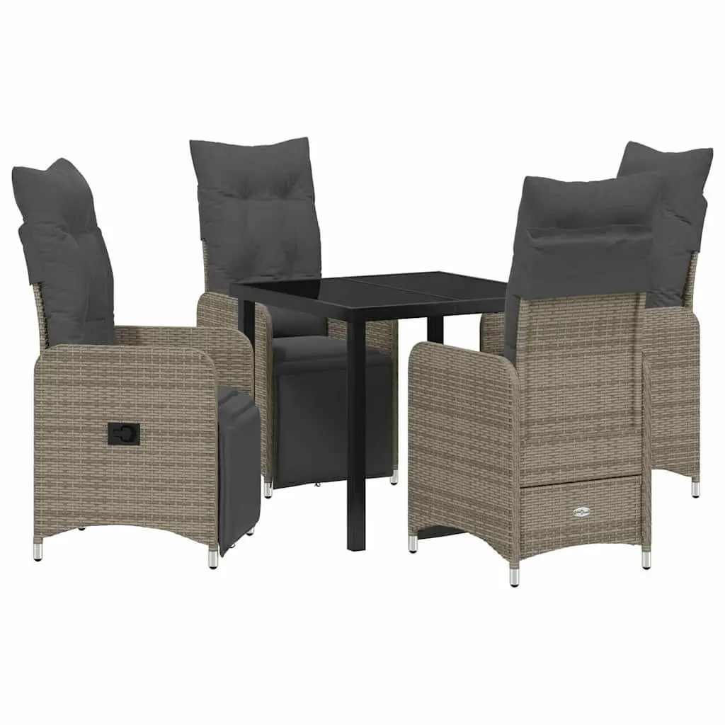 Garden Dining Set 5 Piece Powder-Coated Steel Tempered Glass Grey Poly Rattan Patio Table Chairs