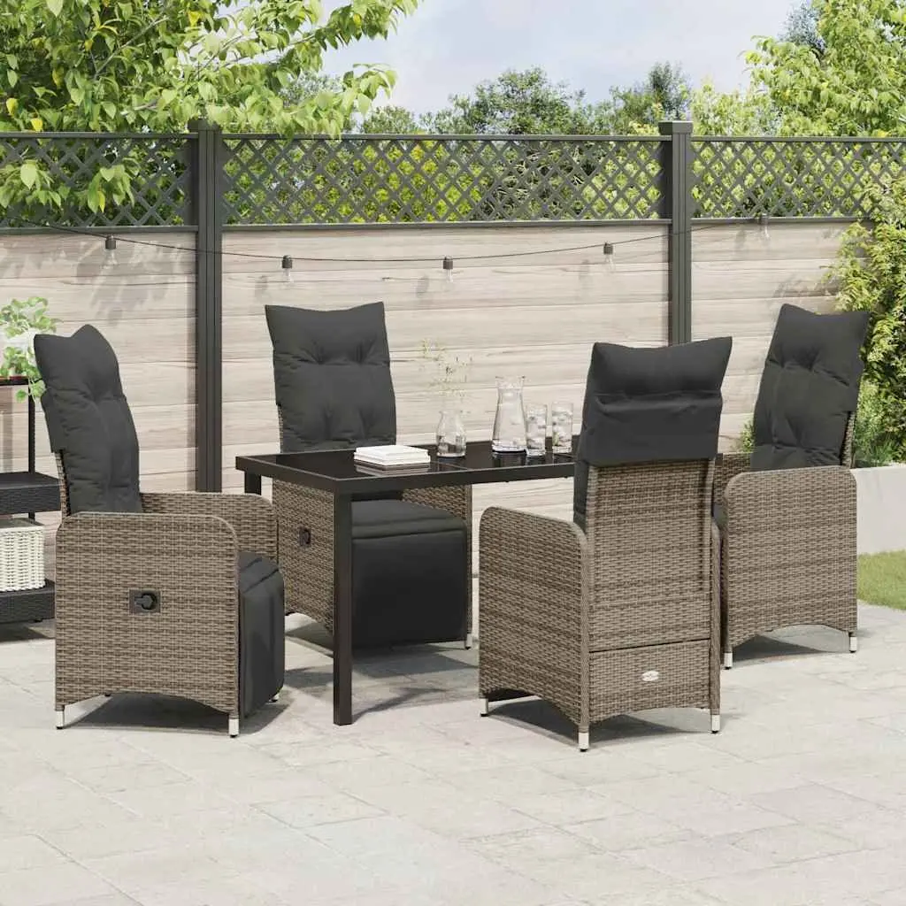 Garden Dining Set 5 Piece Powder Coated Steel Grey Poly Rattan Outdoor Furniture Table Chairs