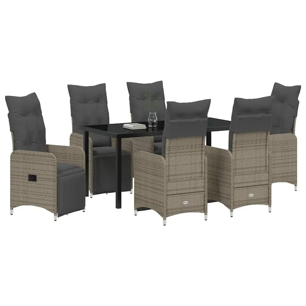 Garden Dining Set 7 Pieces Powder-coated Steel Tempered Glass Grey Rattan