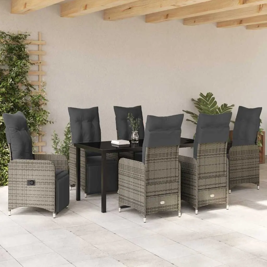Garden Dining Set 7 Pieces Powder-coated Steel Tempered Glass Grey Rattan