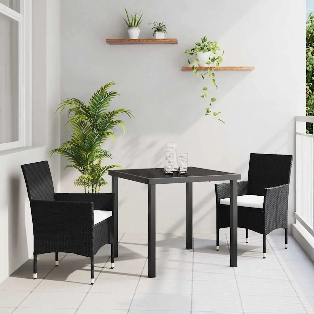 Outdoor Garden Dining Set 3 Piece Black Poly Rattan Chairs Table Cushioned Patio