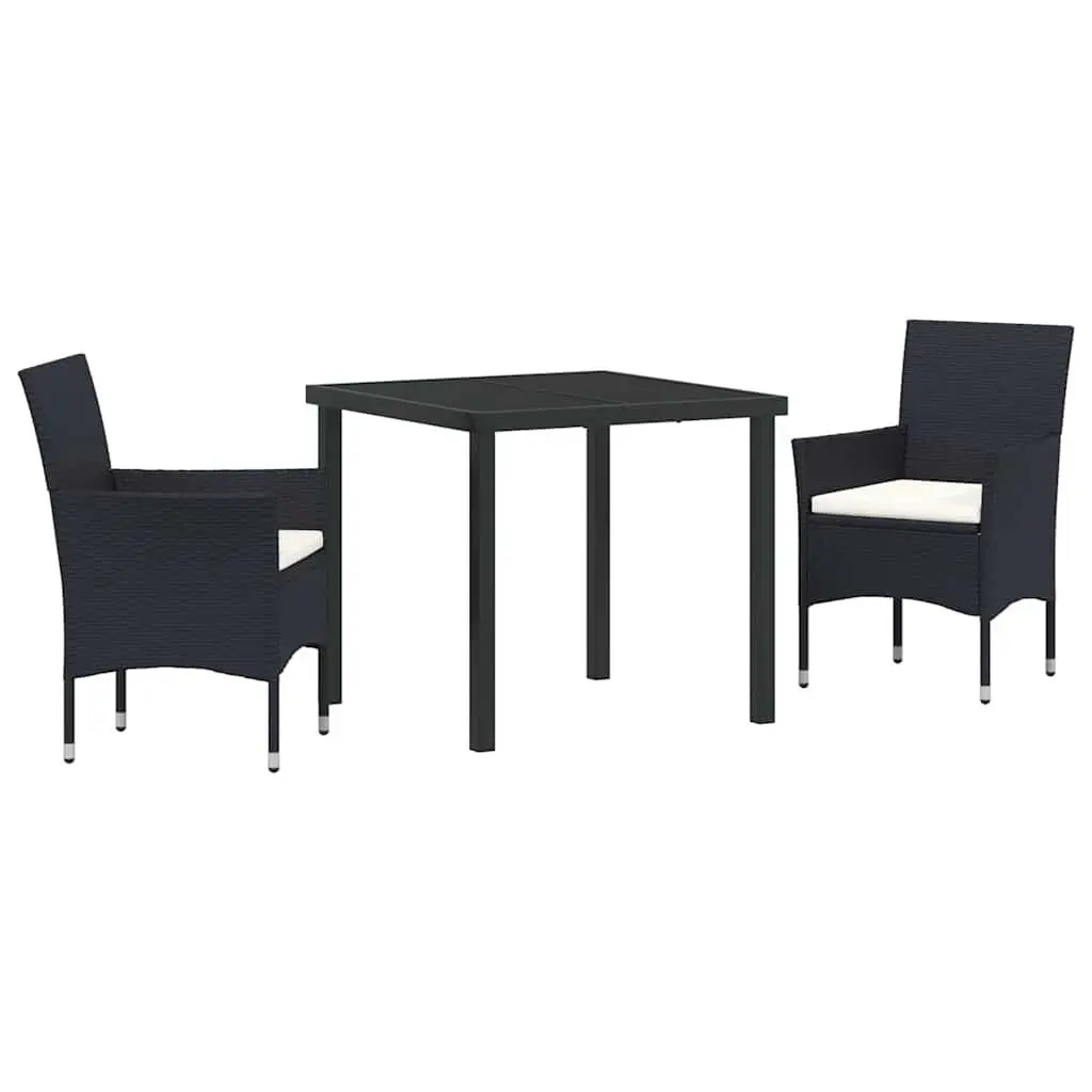 Outdoor Garden Dining Set 3 Piece Black Poly Rattan Chairs Table Cushioned Patio