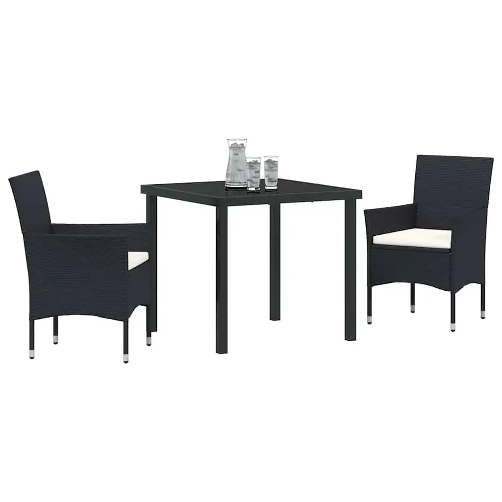 Outdoor Garden Dining Set 3 Piece Black Poly Rattan Chairs Table Cushioned Patio