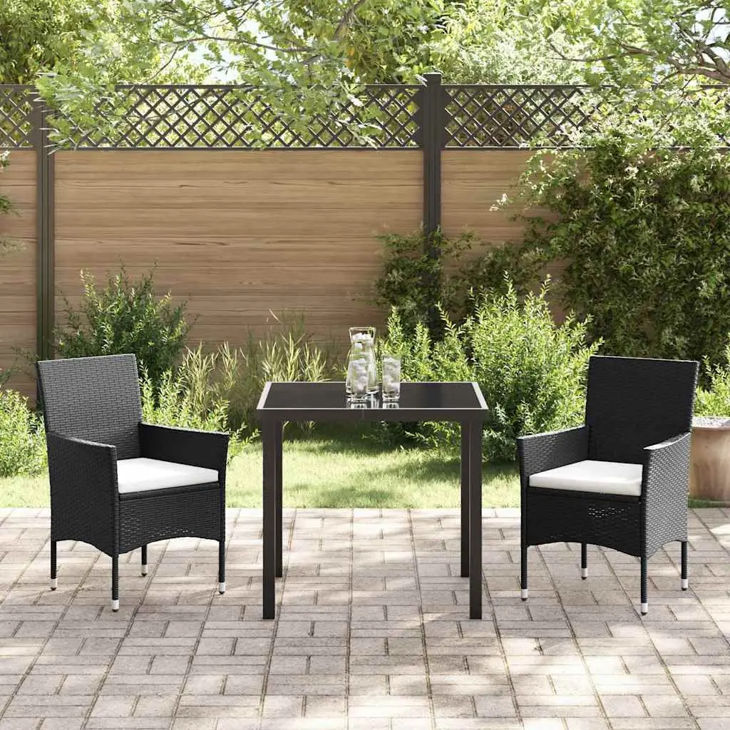 Outdoor Garden Dining Set 3 Piece Black Poly Rattan Chairs Table Cushioned Patio
