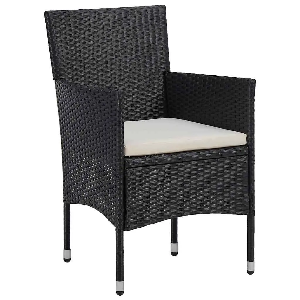 Outdoor Garden Dining Set 3 Piece Black Poly Rattan Chairs Table Cushioned Patio