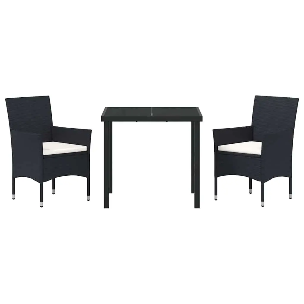 Outdoor Garden Dining Set 3 Piece Black Poly Rattan Chairs Table Cushioned Patio