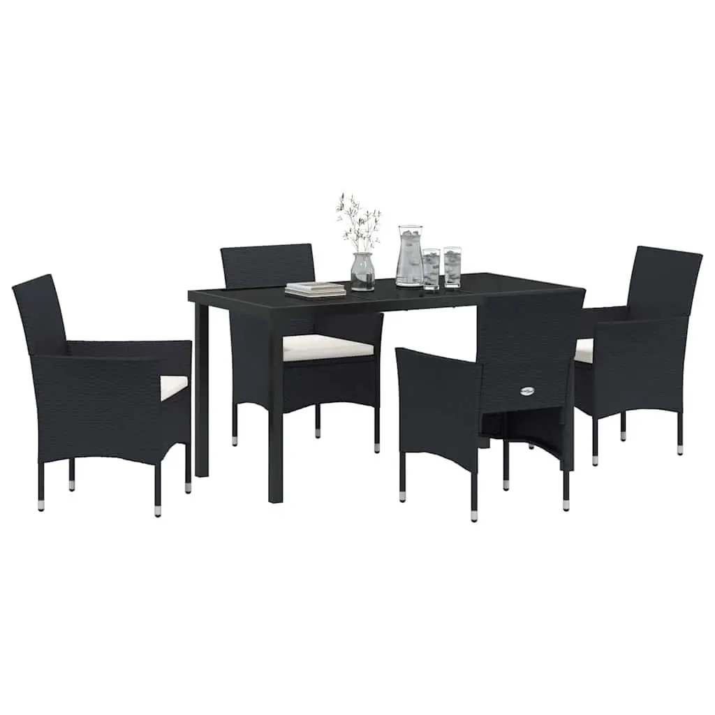 Outdoor Dining Set 5 Piece Powder Coated Steel Poly Rattan Black Garden Furniture with Tempered Glass Table and Weather Resistant Cushions