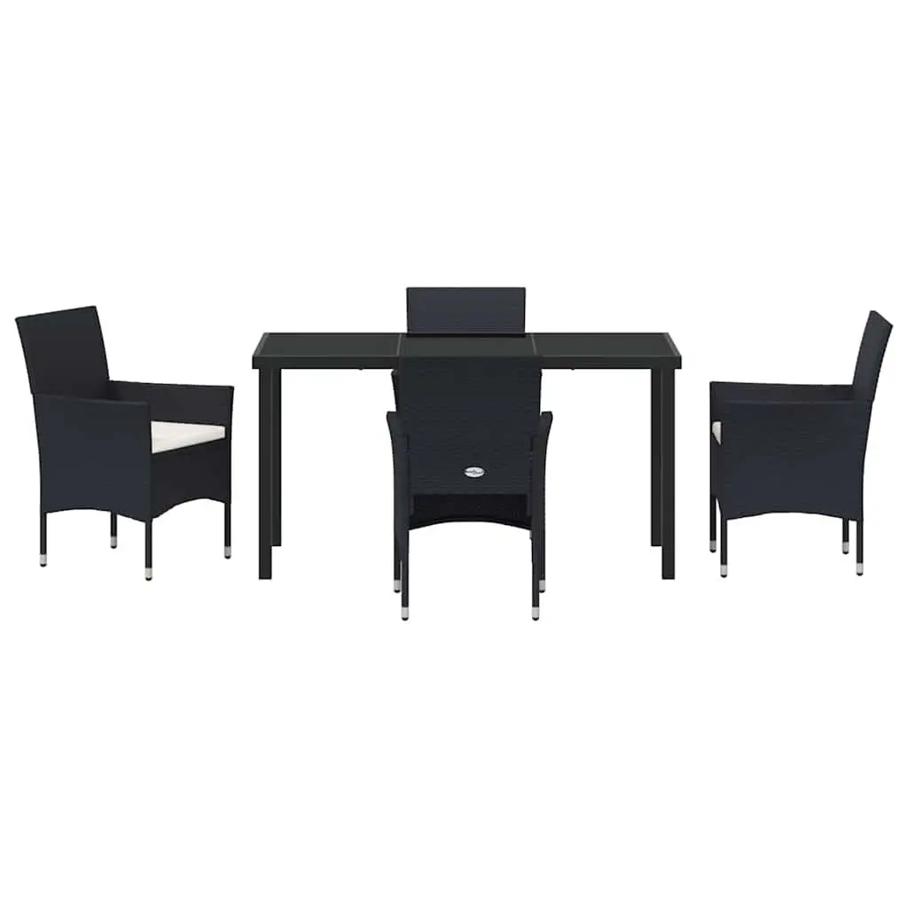 Outdoor Dining Set 5 Piece Powder Coated Steel Poly Rattan Black Garden Furniture with Tempered Glass Table and Weather Resistant Cushions