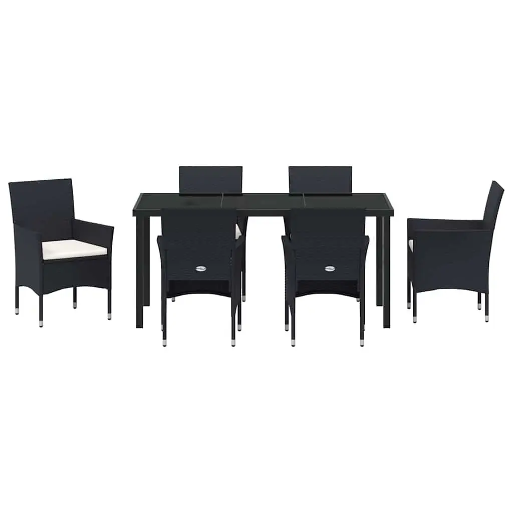 Outdoor Dining Set 7 Piece Black Poly Rattan Garden Furniture with Cushions