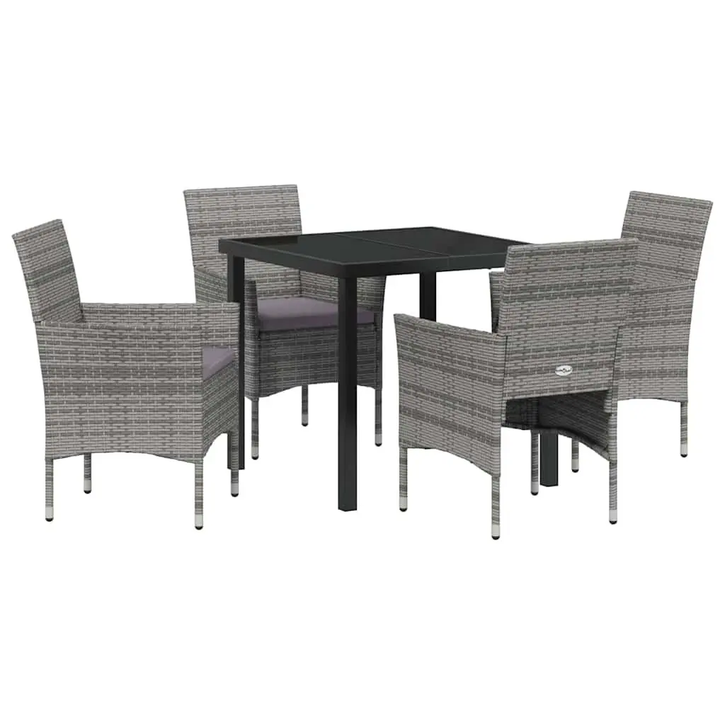 Outdoor Dining Furniture Set 5 Piece Grey Powder-Coated Steel with Cushions Poly Rattan and Tempered Glass Table for Garden Patio Balcony