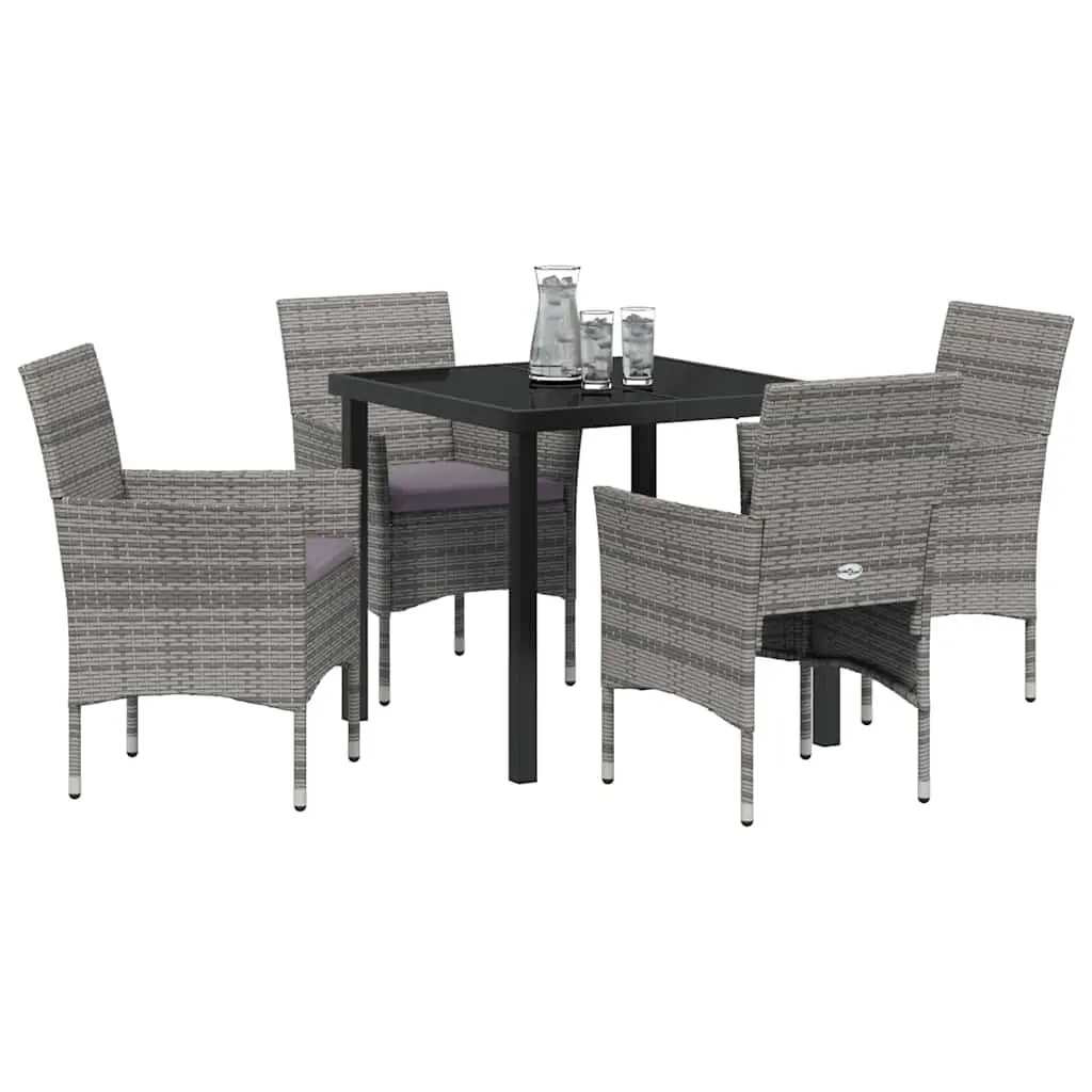 Outdoor Dining Furniture Set 5 Piece Grey Powder-Coated Steel with Cushions Poly Rattan and Tempered Glass Table for Garden Patio Balcony