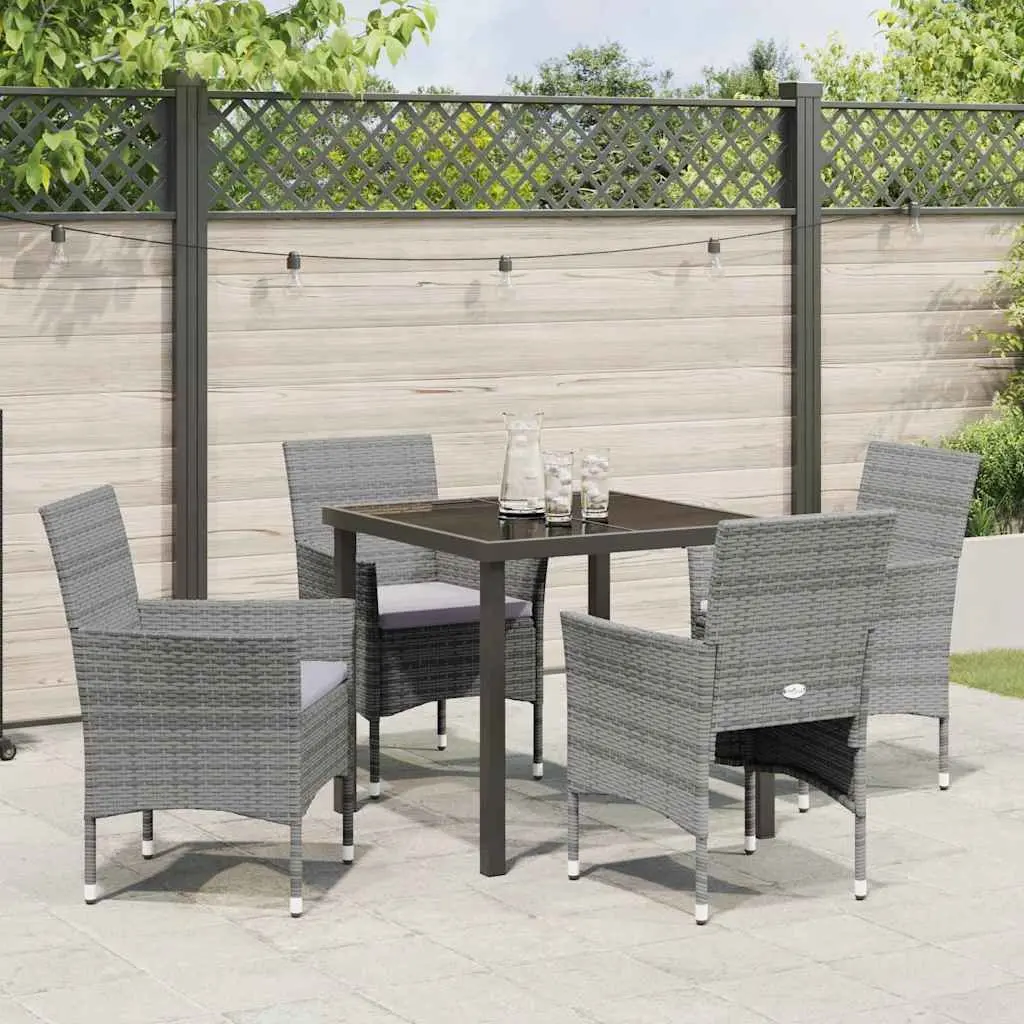 Outdoor Dining Furniture Set 5 Piece Grey Powder-Coated Steel with Cushions Poly Rattan and Tempered Glass Table for Garden Patio Balcony