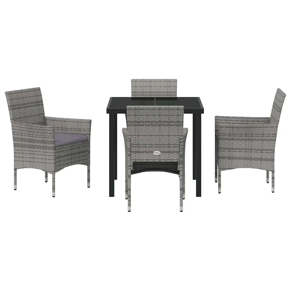 Outdoor Dining Furniture Set 5 Piece Grey Powder-Coated Steel with Cushions Poly Rattan and Tempered Glass Table for Garden Patio Balcony