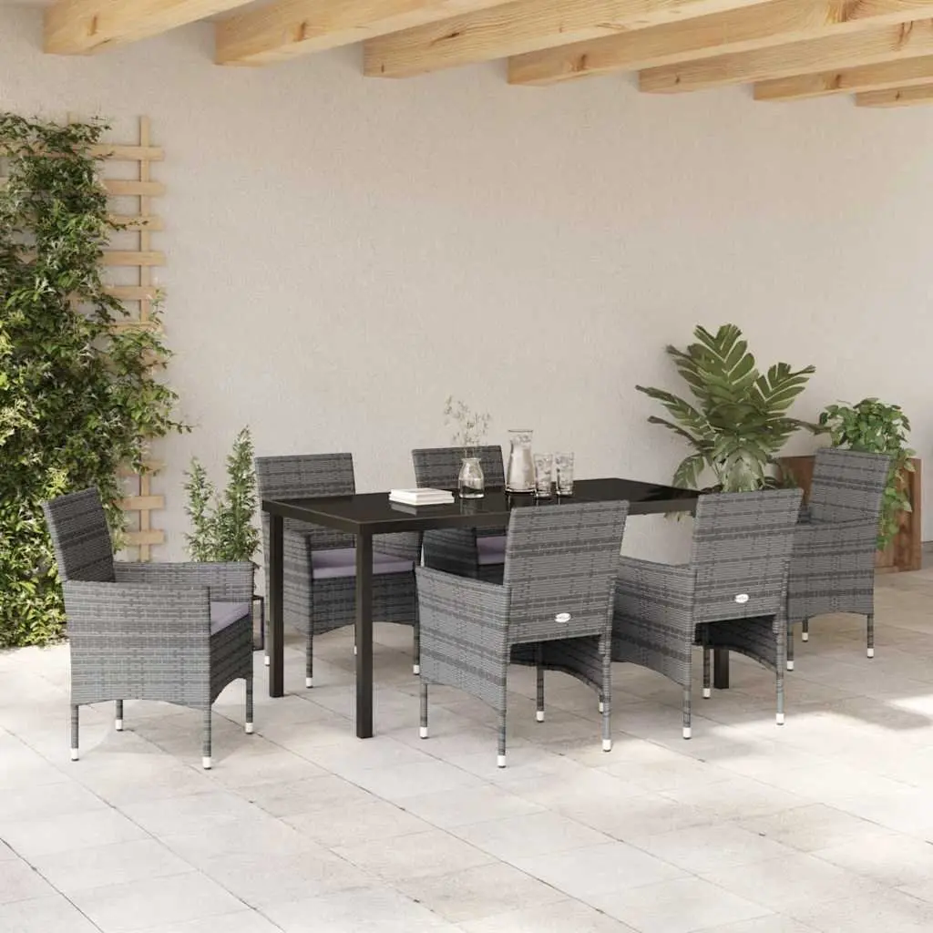 Garden Dining Set 7 Pieces Grey Outdoor Furniture with Cushions Glass Table
