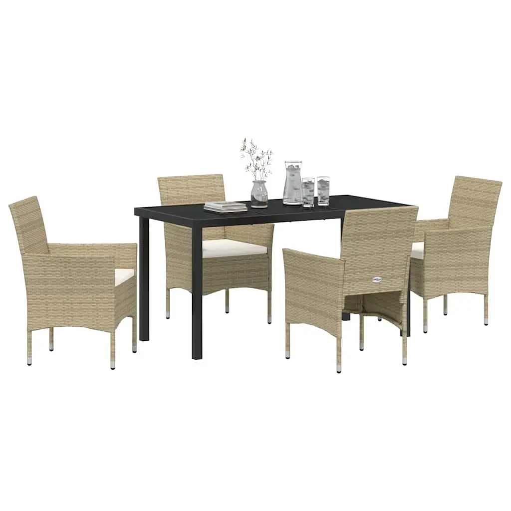 Outdoor Dining Set 5 Piece Beige Poly Rattan Cushion Patio Furniture with Powder Coated Steel Frame and Tempered Glass Table