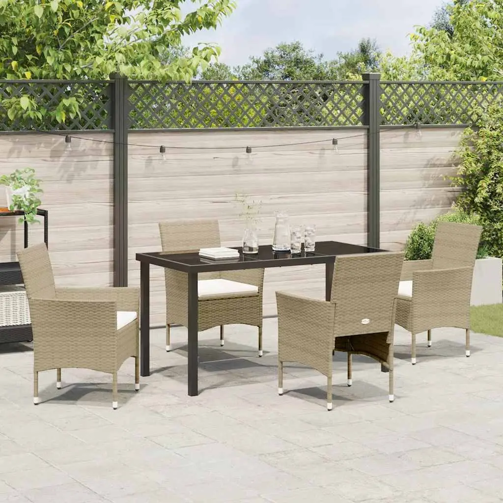 Outdoor Dining Set 5 Piece Beige Poly Rattan Cushion Patio Furniture with Powder Coated Steel Frame and Tempered Glass Table