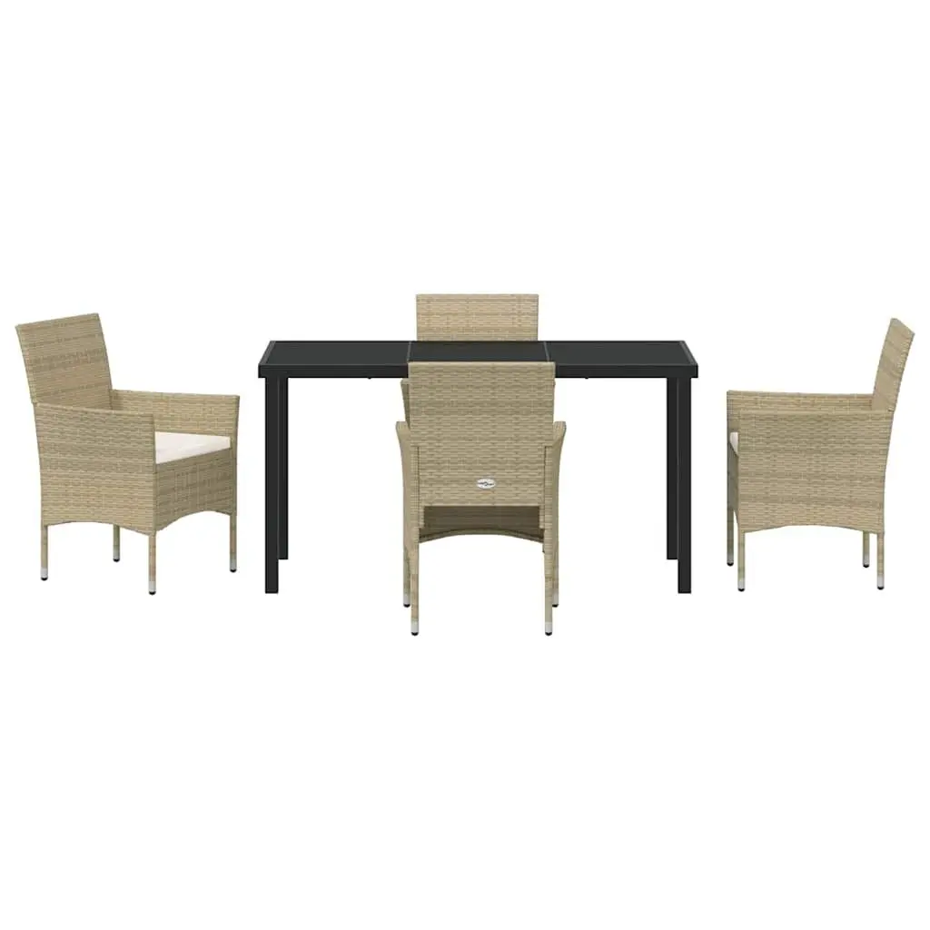 Outdoor Dining Set 5 Piece Beige Poly Rattan Cushion Patio Furniture with Powder Coated Steel Frame and Tempered Glass Table