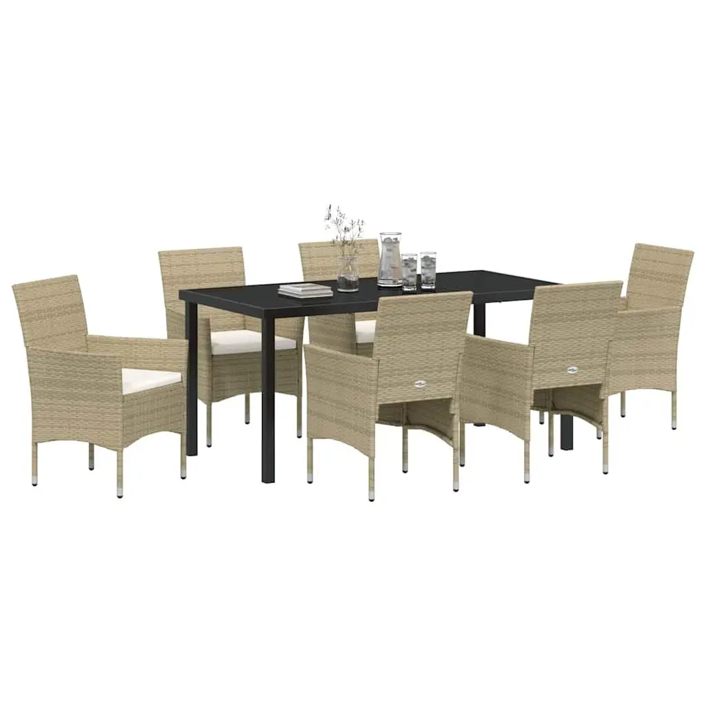 7 Piece Outdoor Dining Set Steel Frame Beige Garden Furniture Table and Chairs with Cushions and Tempered Glass Surface