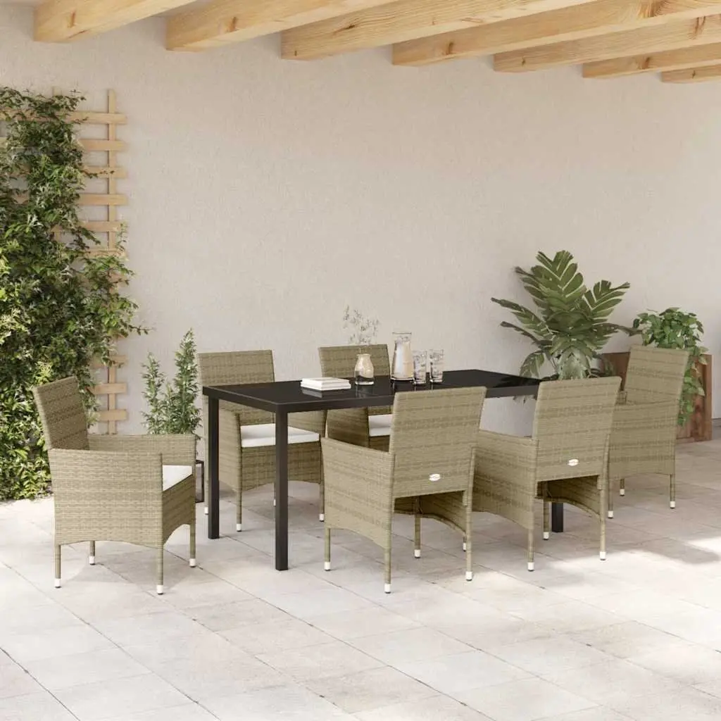 7 Piece Outdoor Dining Set Steel Frame Beige Garden Furniture Table and Chairs with Cushions and Tempered Glass Surface