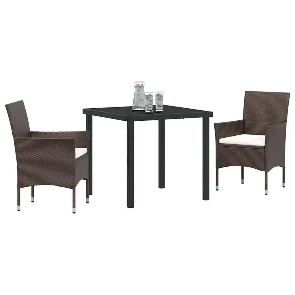 Garden Dining Set 3 Pieces Powder-coated Steel Poly Rattan Brown Tempered Glass
