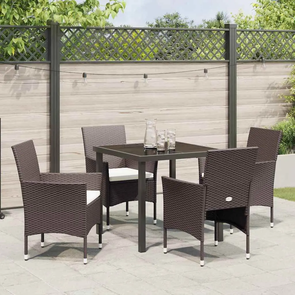 Outdoor Garden Dining Set 5 Pieces Brown Poly Rattan Tempered Glass Table Chairs