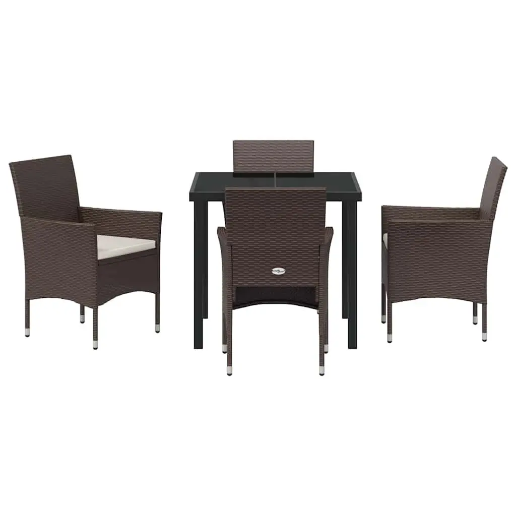 Outdoor Garden Dining Set 5 Pieces Brown Poly Rattan Tempered Glass Table Chairs