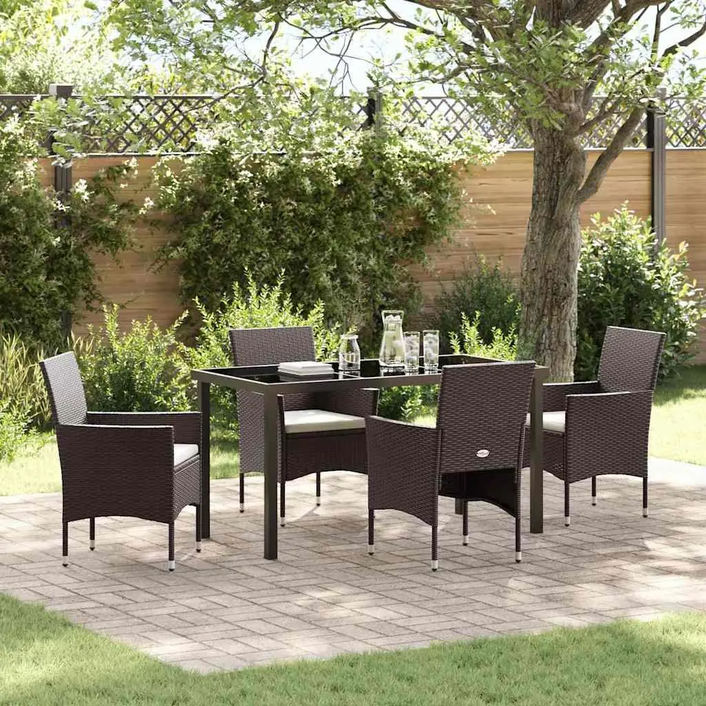Garden Dining Set 5 Piece Outdoor Furniture Powder Coated Steel Poly Rattan Tempered Glass Table Brown