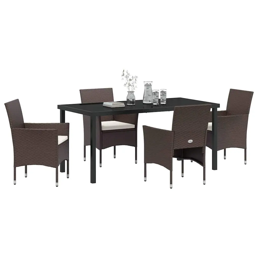 Garden Dining Set 5 Piece Outdoor Furniture Powder Coated Steel Poly Rattan Tempered Glass Table Brown
