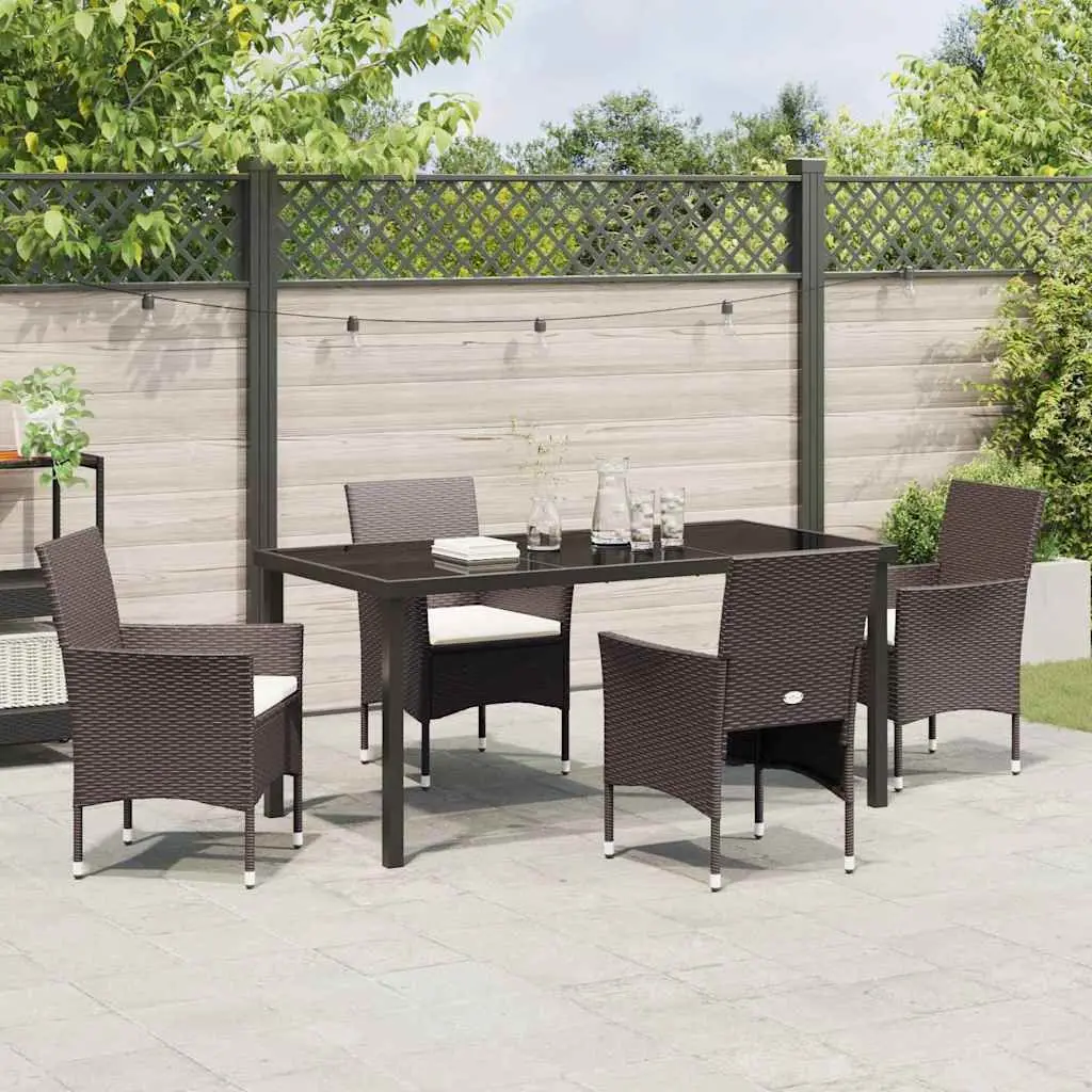 Garden Dining Set 5 Piece Outdoor Furniture Powder Coated Steel Poly Rattan Tempered Glass Table Brown