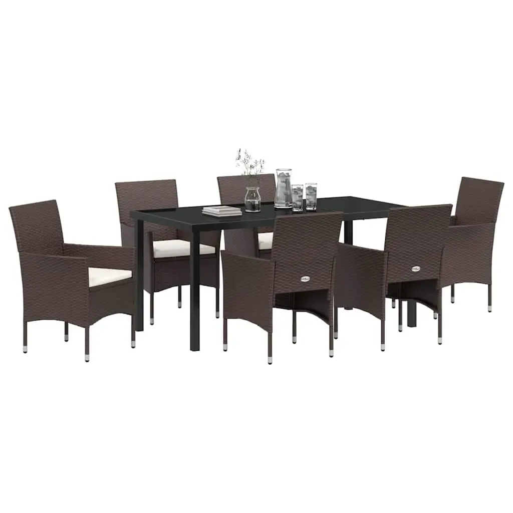 Garden Dining Set 7 Piece Outdoor Furniture Brown Poly Rattan Tempered Glass