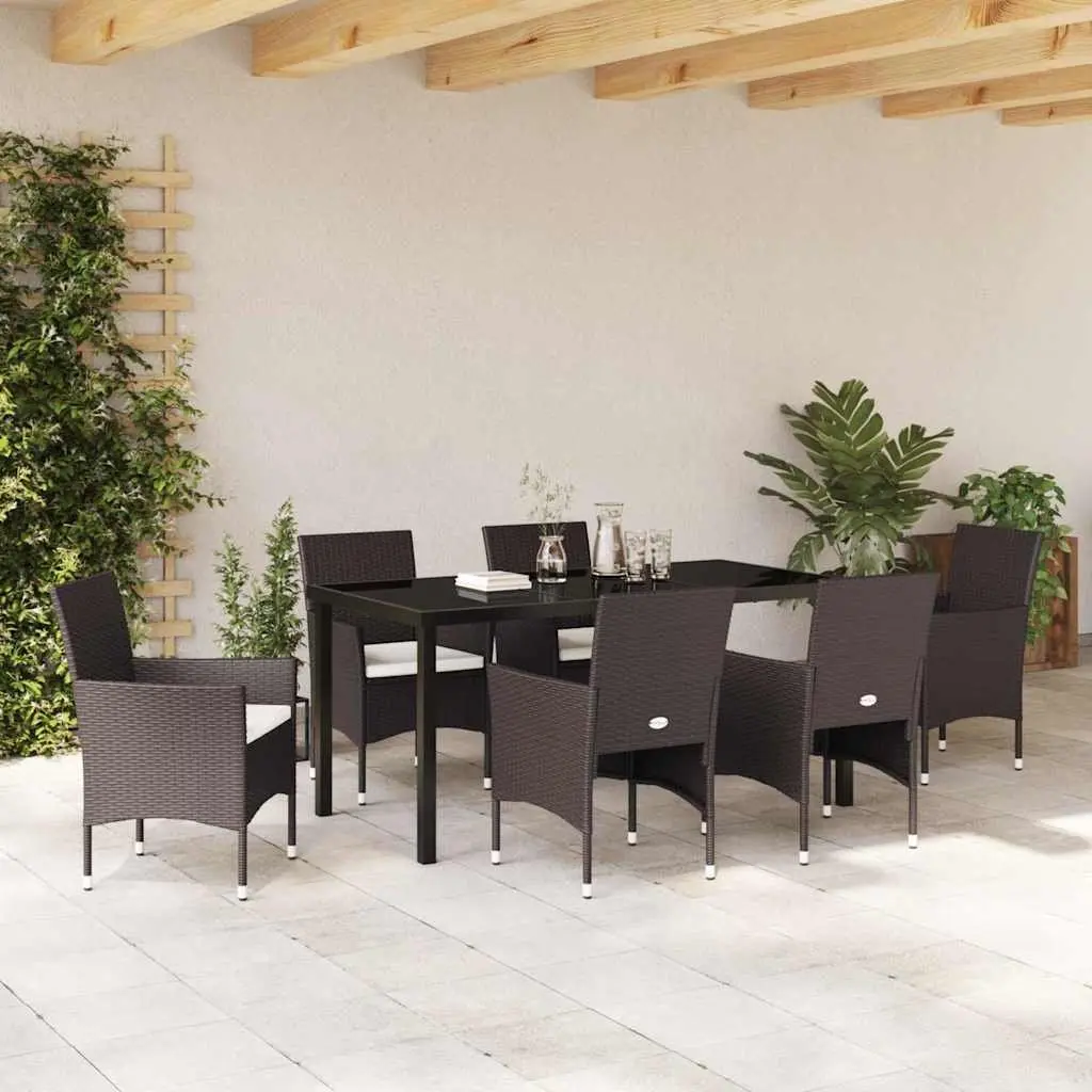 Garden Dining Set 7 Piece Outdoor Furniture Brown Poly Rattan Tempered Glass