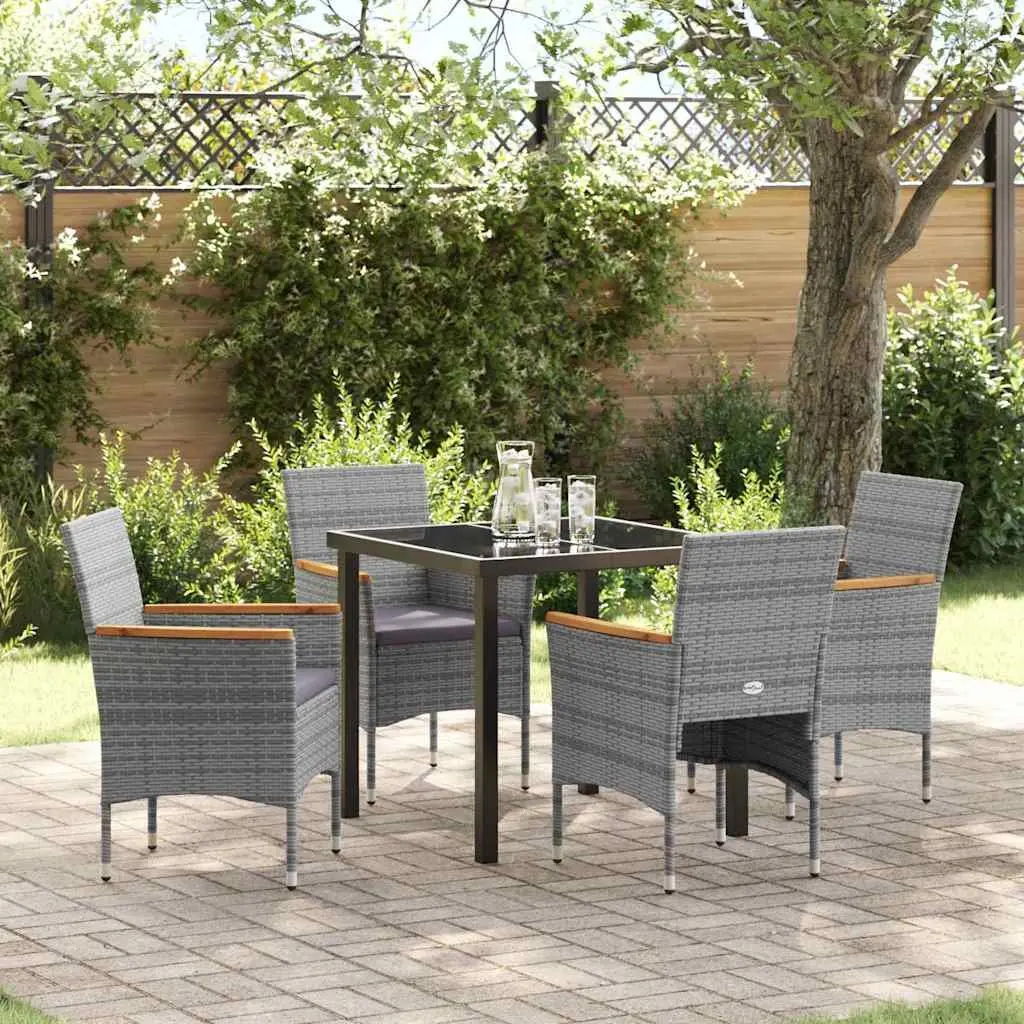 Garden Dining Set Poly Rattan Steel Frame 5 Piece Grey Glass Table
