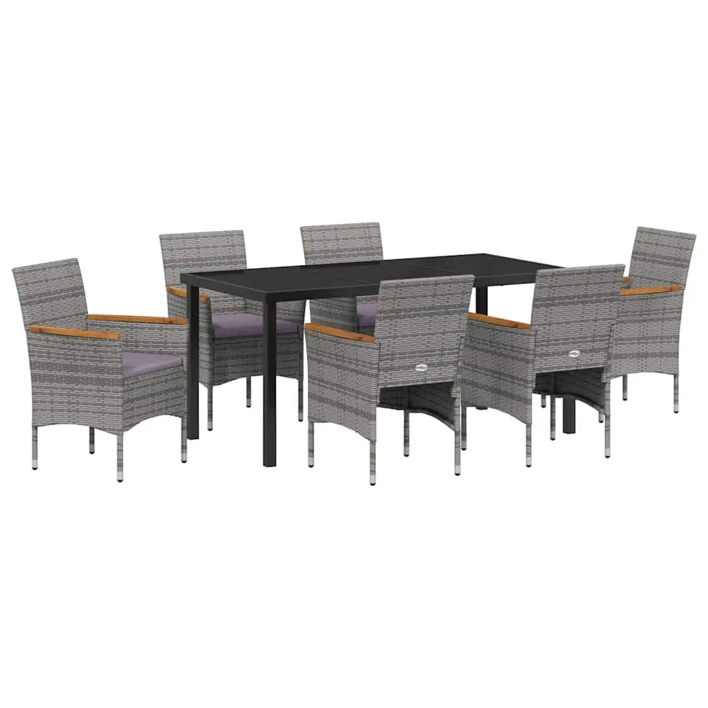 Garden Dining Set 7 Piece Outdoor Furniture Grey Poly Rattan Steel Frame Glass Tabletop