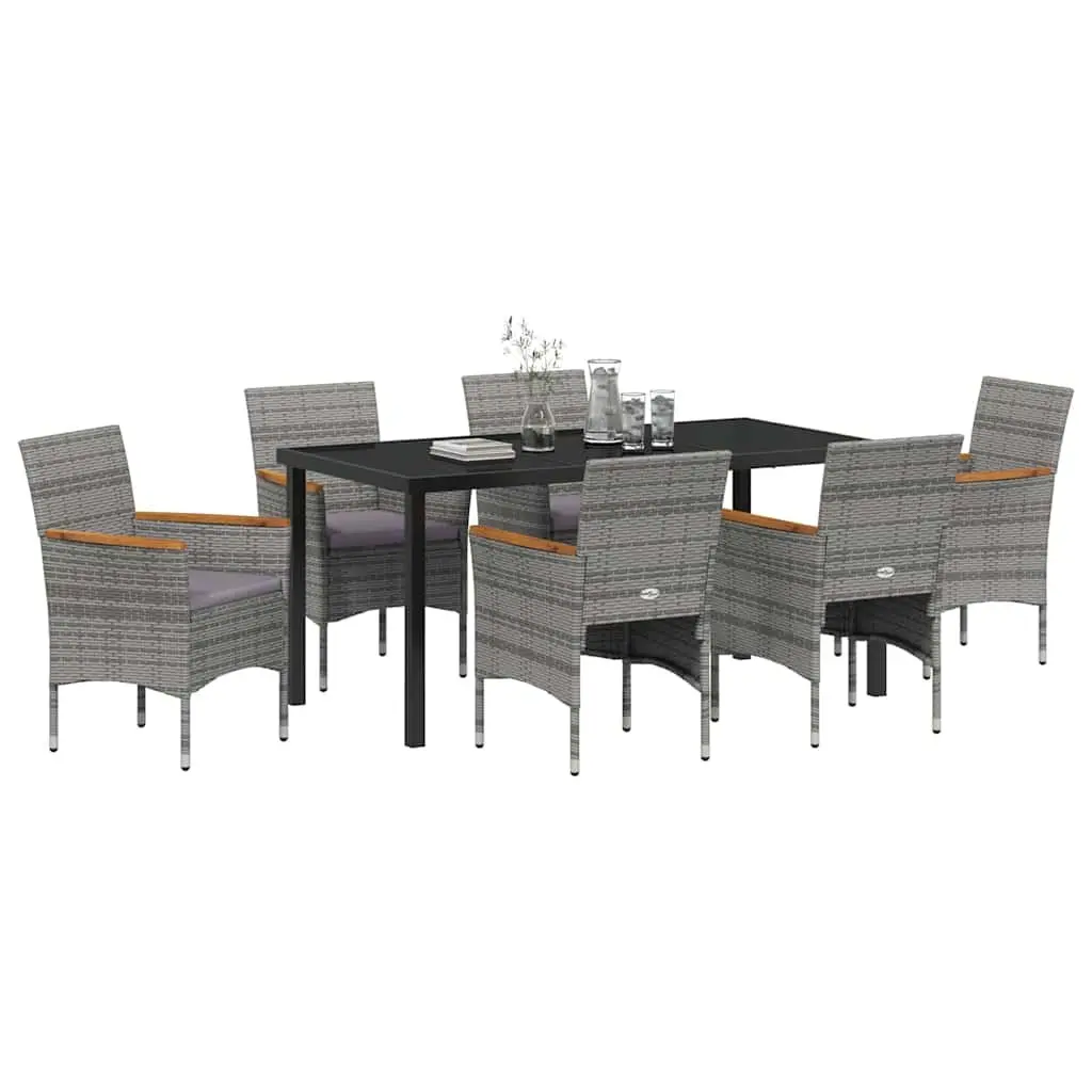 Garden Dining Set 7 Piece Outdoor Furniture Grey Poly Rattan Steel Frame Glass Tabletop