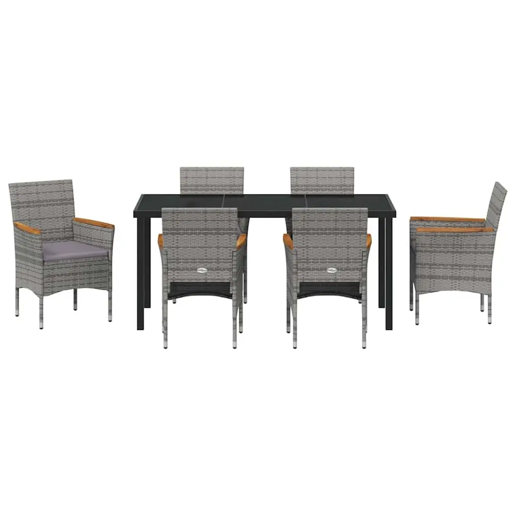 Garden Dining Set 7 Piece Outdoor Furniture Grey Poly Rattan Steel Frame Glass Tabletop