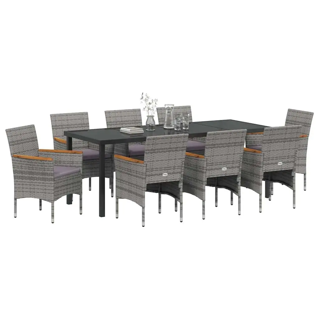 Garden Dining Set 9 Pieces Outdoor Patio Furniture Grey Poly Rattan Glass Top