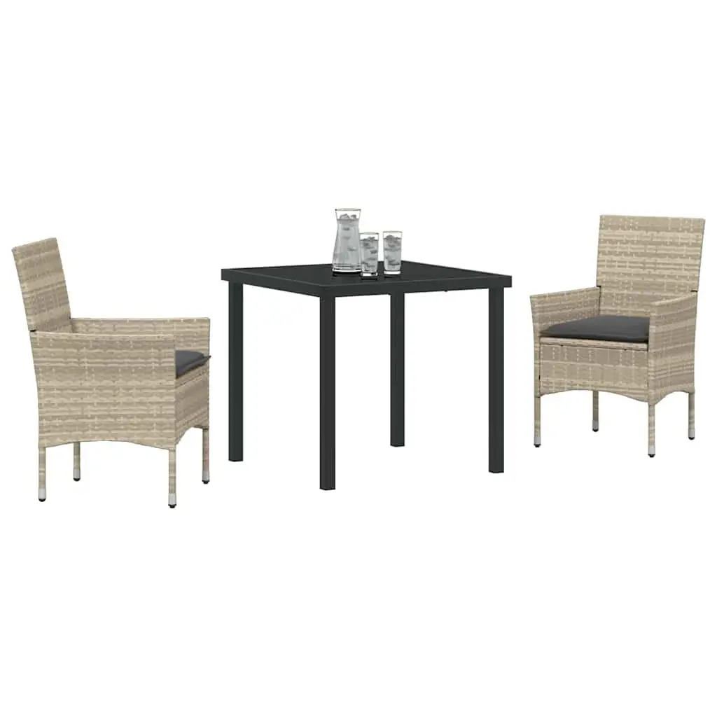 Outdoor Furniture Set 3 Piece Dining Table and Chairs Poly Rattan Light Grey with Cushions