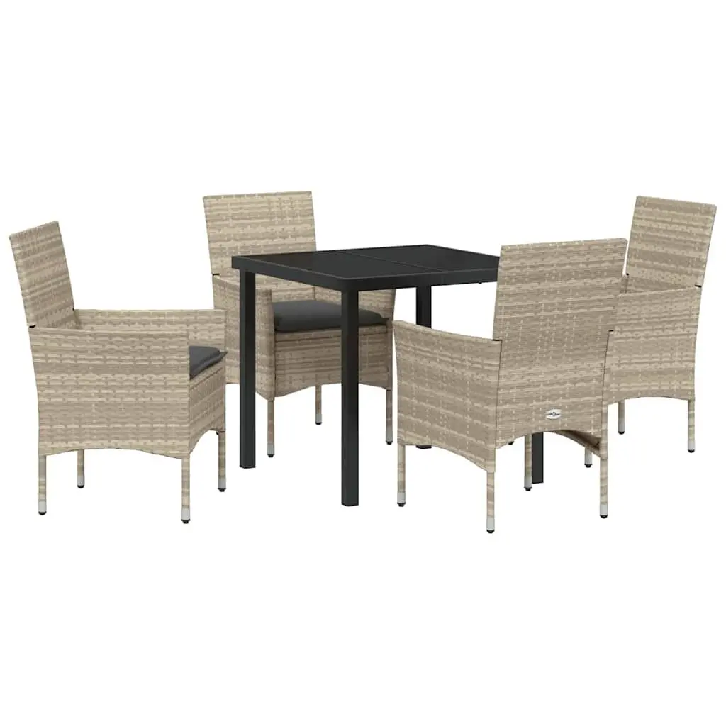 5 Piece Dining Set Poly Rattan Light Grey Outdoor Furniture with Cushions and Tempered Glass Top