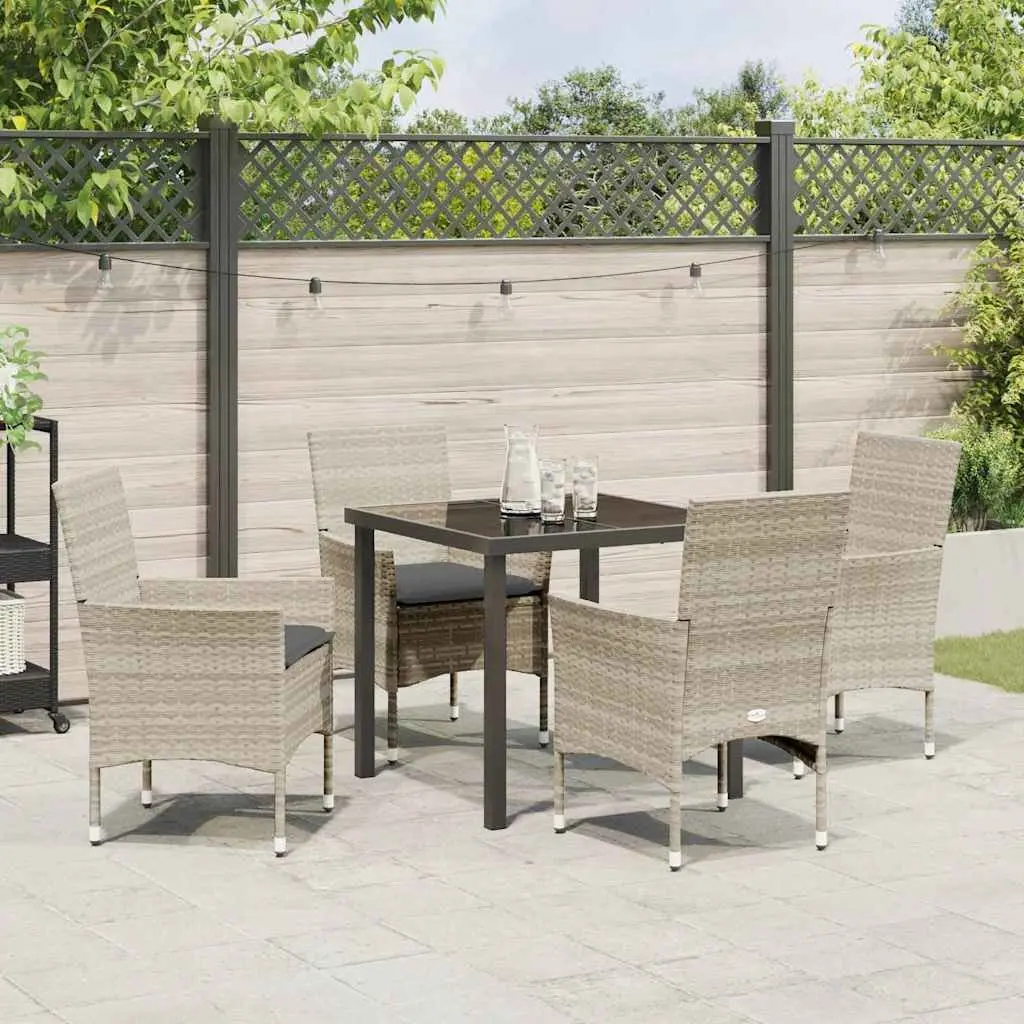 5 Piece Dining Set Poly Rattan Light Grey Outdoor Furniture with Cushions and Tempered Glass Top