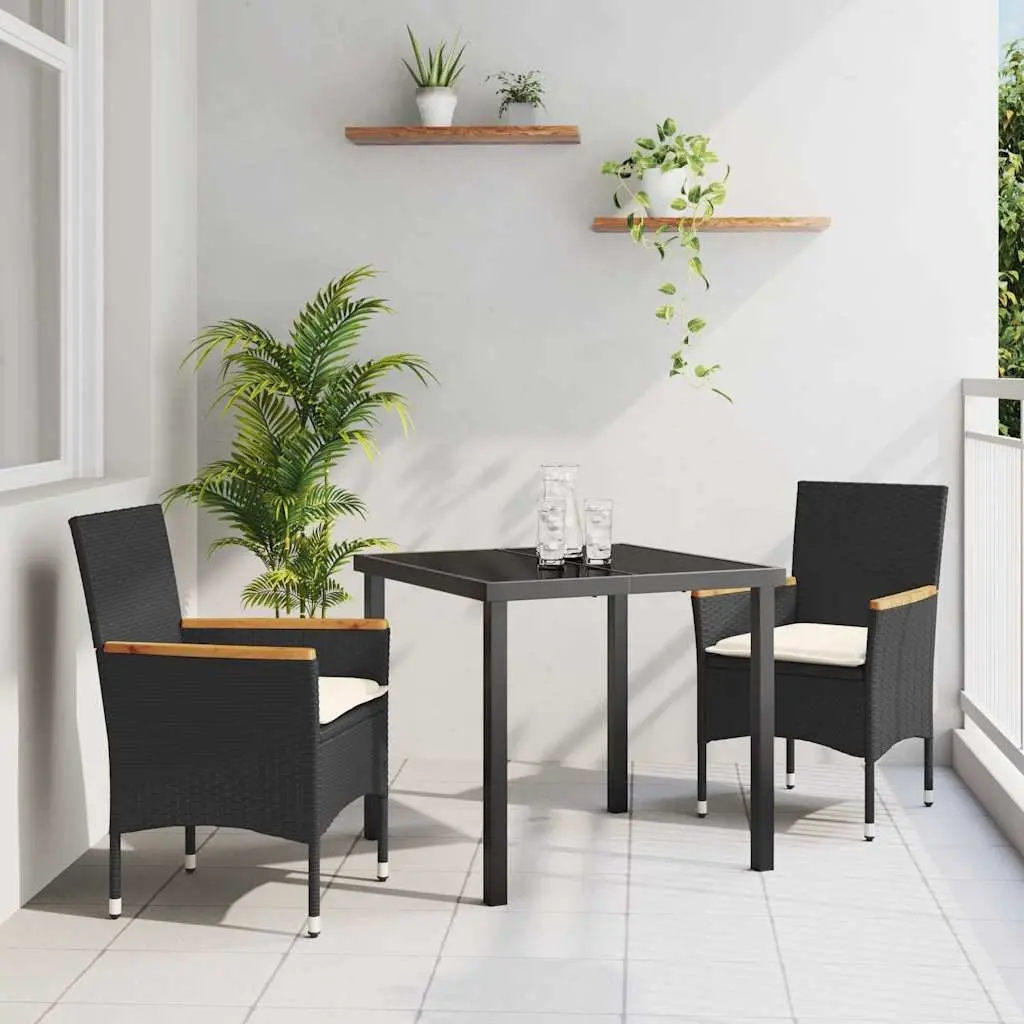 3 Piece Outdoor Furniture Set Black Poly Rattan Dining Chairs with Cushions and Glass Table