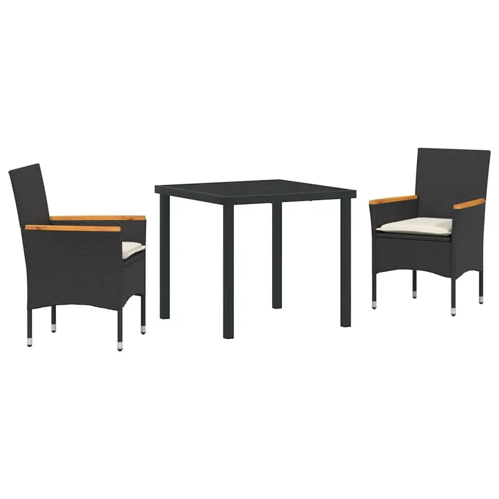 3 Piece Outdoor Furniture Set Black Poly Rattan Dining Chairs with Cushions and Glass Table