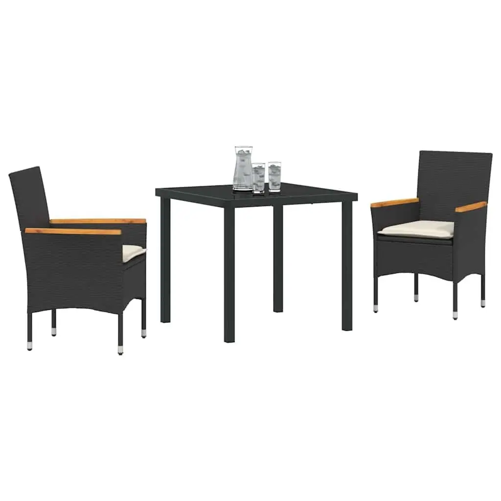 3 Piece Outdoor Furniture Set Black Poly Rattan Dining Chairs with Cushions and Glass Table