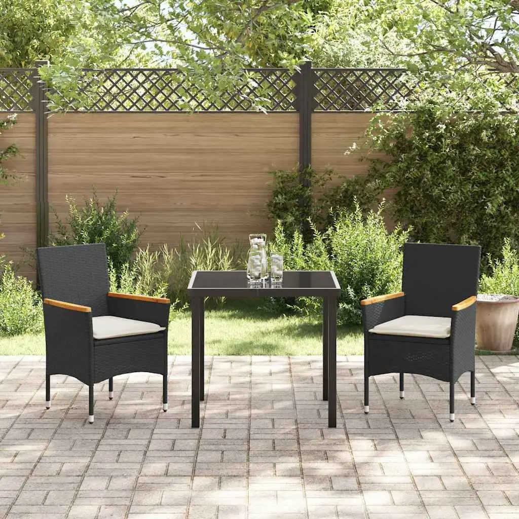 3 Piece Outdoor Furniture Set Black Poly Rattan Dining Chairs with Cushions and Glass Table
