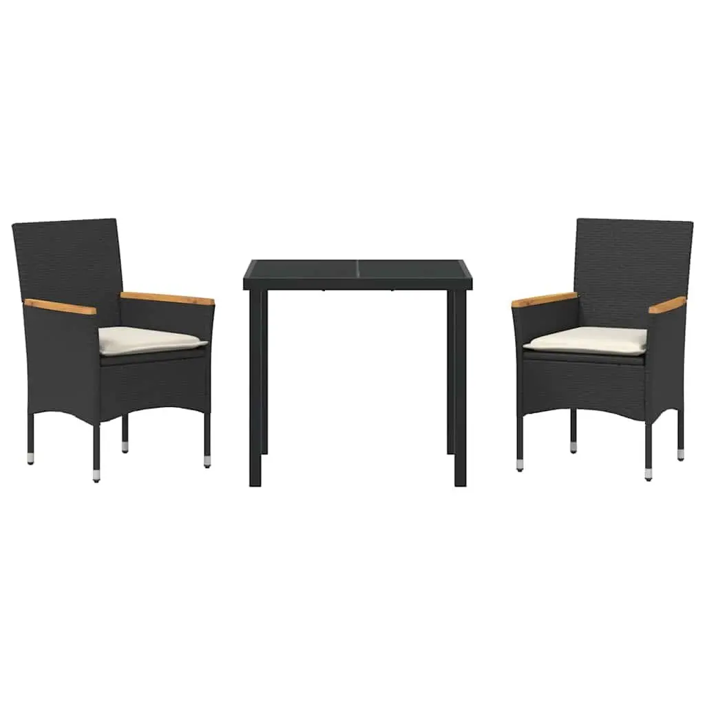 3 Piece Outdoor Furniture Set Black Poly Rattan Dining Chairs with Cushions and Glass Table
