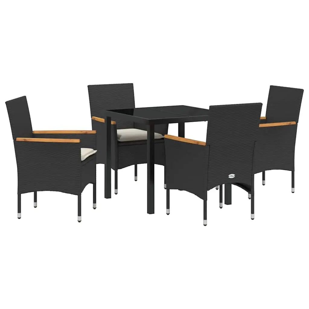 Garden Dining Set Poly Rattan Cushioned Seats Tempered Glass Table Black 5 Piece