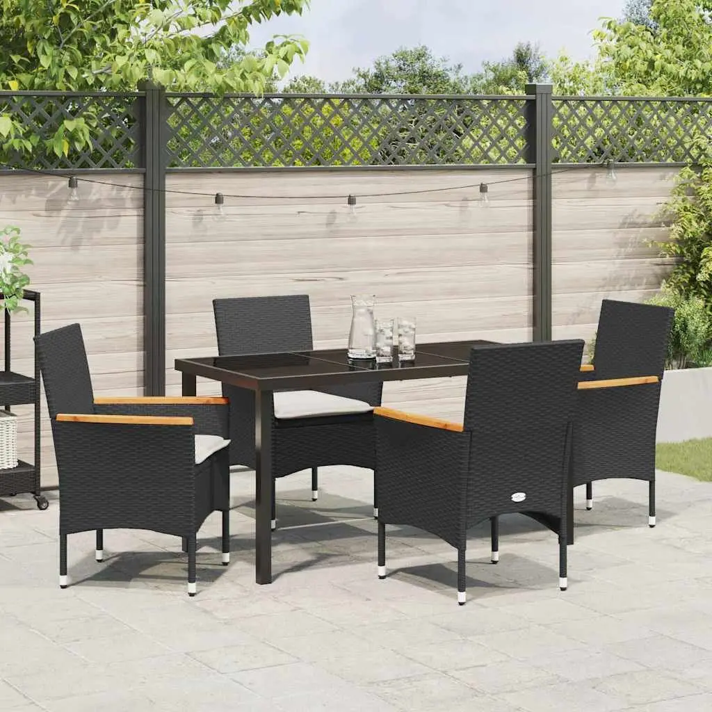Garden Dining Set Poly Rattan Cushioned Seats Tempered Glass Table Black 5 Piece