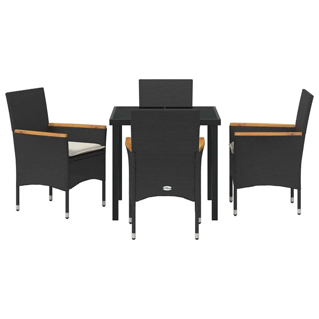 Garden Dining Set Poly Rattan Cushioned Seats Tempered Glass Table Black 5 Piece